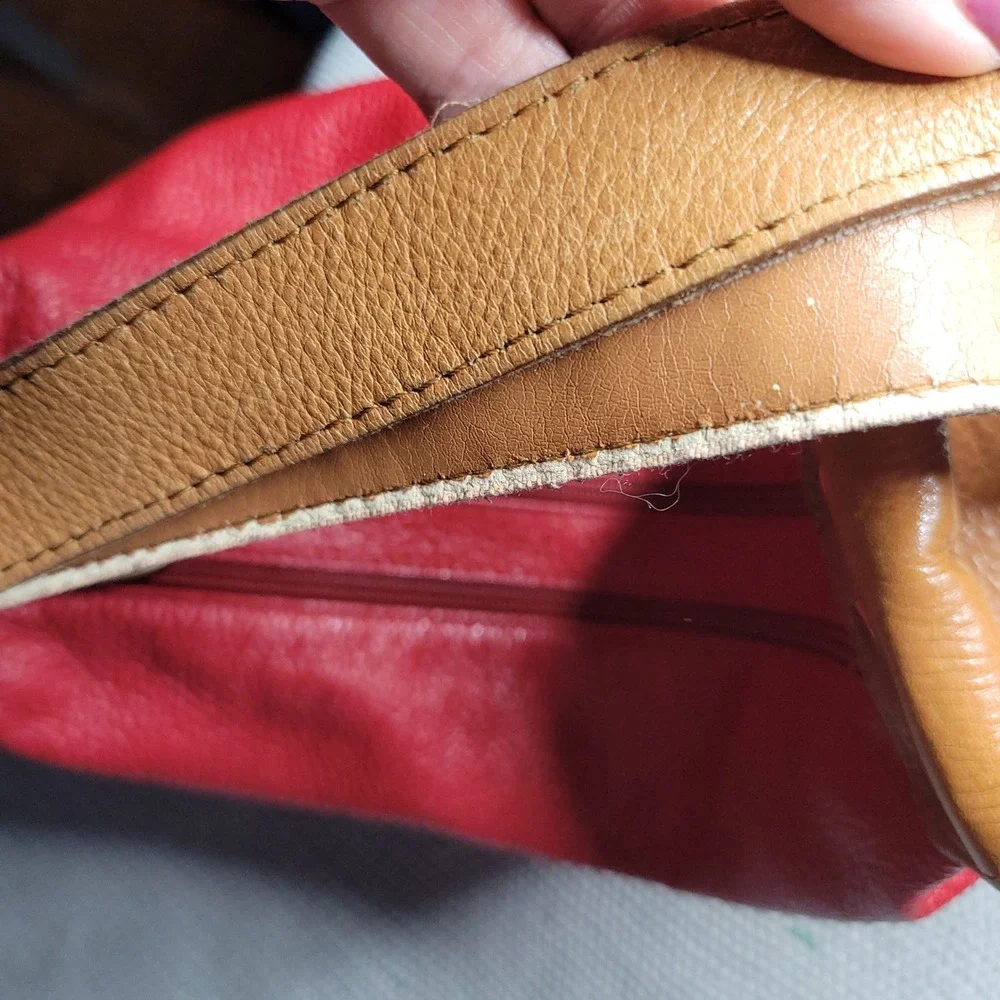 Valentina Red Pebbled Leather Hobo Shoulder Bag Tan Gold Hardware Italian READ